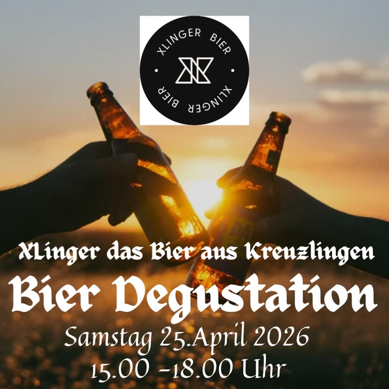 Flyer „Bier Degustation“: zwei Bierflaschen stossen vor Abendhimmel an, darüber das runde Zeichen der Brauerei XLinger.