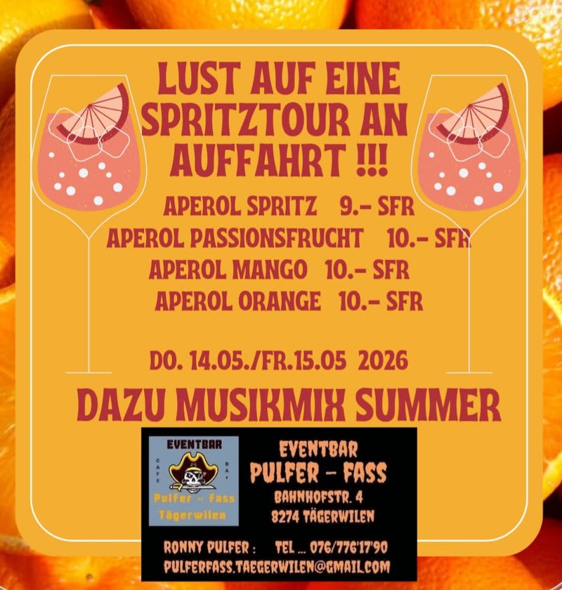 Flyer „Lust auf eine Spritztour an Auffahrt“ auf Orangenhintergrund, mit den vier Aperol-Sorten und ihren Preisen.