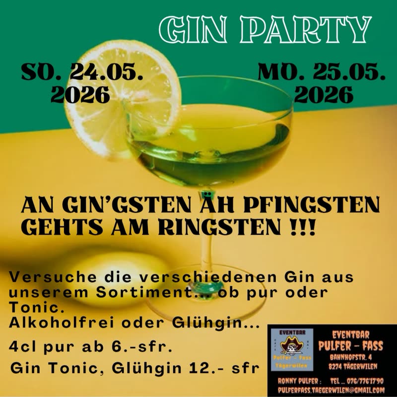 Flyer „Gin Party“ in Grün und Gelb mit einem Cocktailglas und einer Limettenscheibe, So. 24.05. und Mo. 25.05.2026.