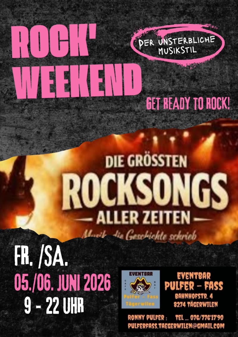 Flyer „Rock’ Weekend“ in Pink auf dunklem Grund, darunter ein Konzertpublikum vor Bühnenlicht, Fr./Sa. 05./06. Juni 2026.
