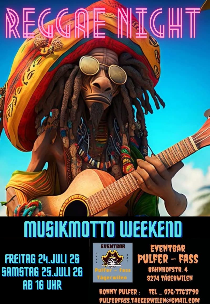 Flyer „Reggae Night“: eine gezeichnete Figur mit Rastamütze und Gitarre vor blauem Himmel, Freitag 24. und Samstag 25. Juli 2026.