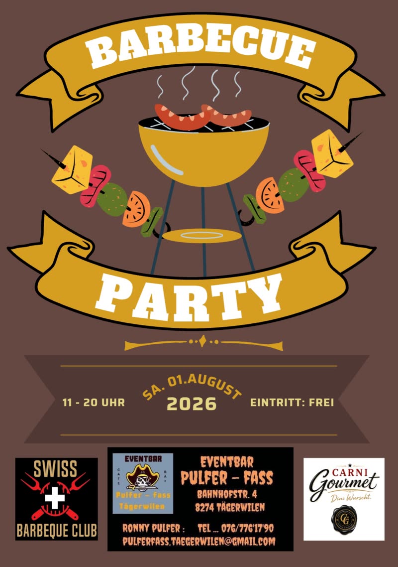 Flyer „Barbecue Party“ in Braun und Gelb mit einem gezeichneten Kugelgrill und Spiessen, Sa. 01. August 2026.