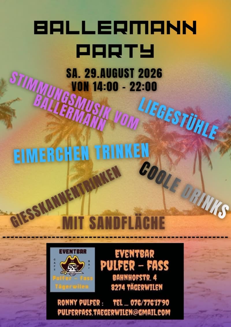 Flyer „Ballermann Party“ mit Palmen vor Abendhimmel und Sandstrand, Sa. 29. August 2026, von 14:00 bis 22:00 Uhr.