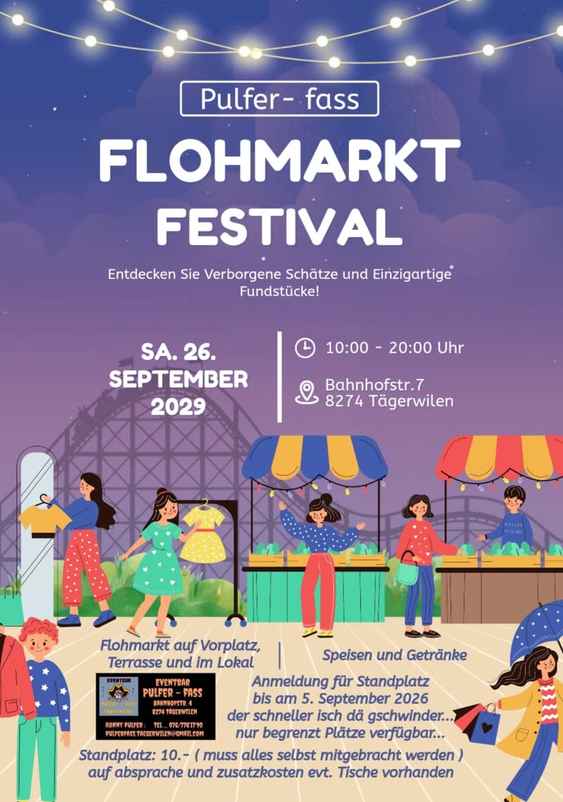Flyer „Pulfer-fass Flohmarkt Festival“: gezeichnete Marktstände unter Lichterketten vor Abendhimmel, Sa. 26. September, 10:00 bis 20:00 Uhr.