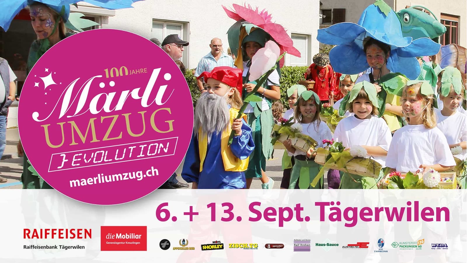Plakat „100 Jahre Märliumzug — Evolution“: Kinder in Blumen- und Fischkostümen im Umzug, dazu ein rosa Kreis mit dem Schriftzug und maerliumzug.ch, darunter „6. + 13. Sept. Tägerwilen“.