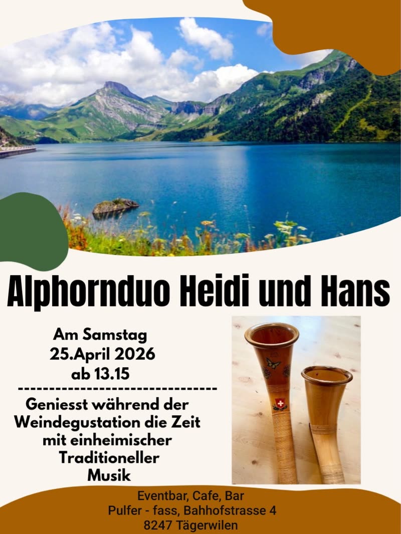 Flyer „Alphornduo Heidi und Hans“ mit einem Bergsee und zwei Alphörnern.