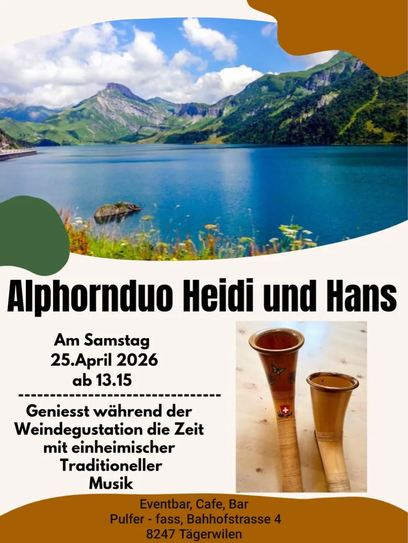 Flyer „Alphornduo Heidi und Hans“ mit einem Bergsee und zwei Alphörnern.