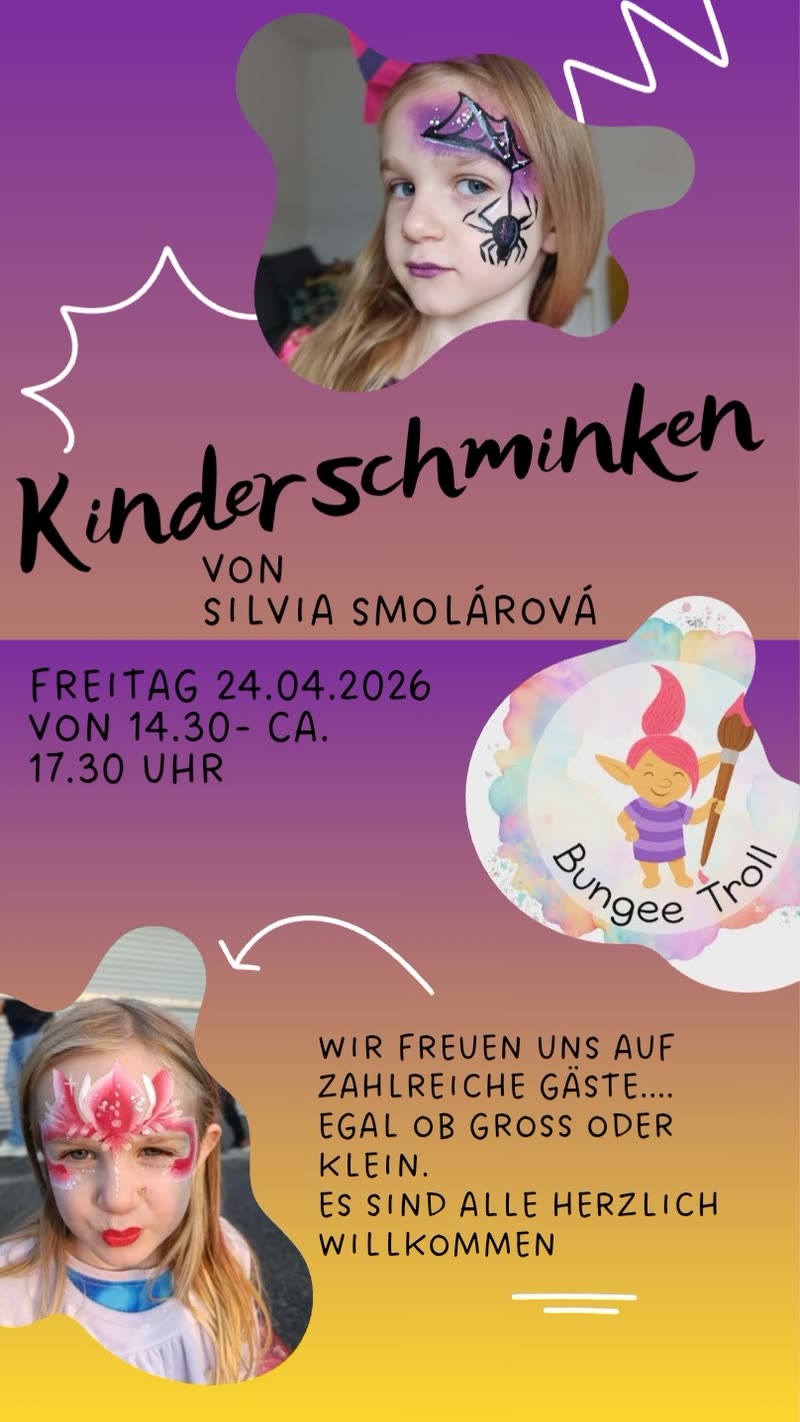 Flyer „Kinderschminken von Silvia Smolárová“ in Violett und Gelb, mit zwei geschminkten Kindergesichtern und dem Zeichen „Bungee Troll“.