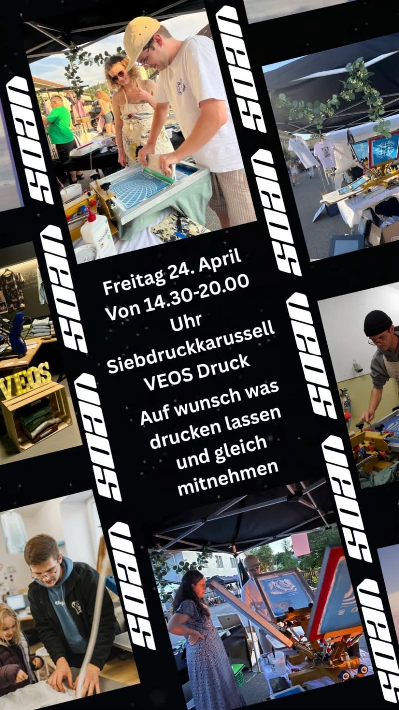 Flyer „Siebdruckkarussell VEOS Druck“ als Filmstreifen aus mehreren Fotos vom Drucken an Marktständen.