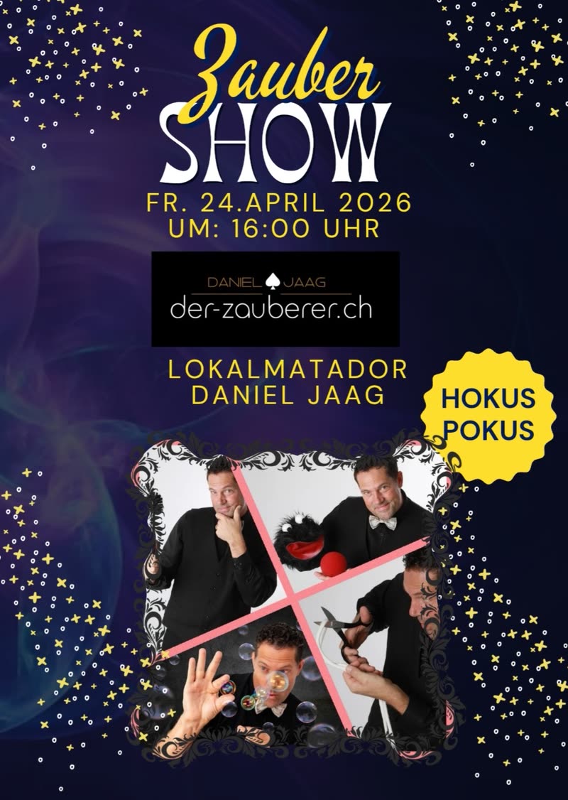 Flyer „Zaubershow“ in Dunkelblau und Gelb mit vier Aufnahmen des Zauberers Daniel Jaag.
