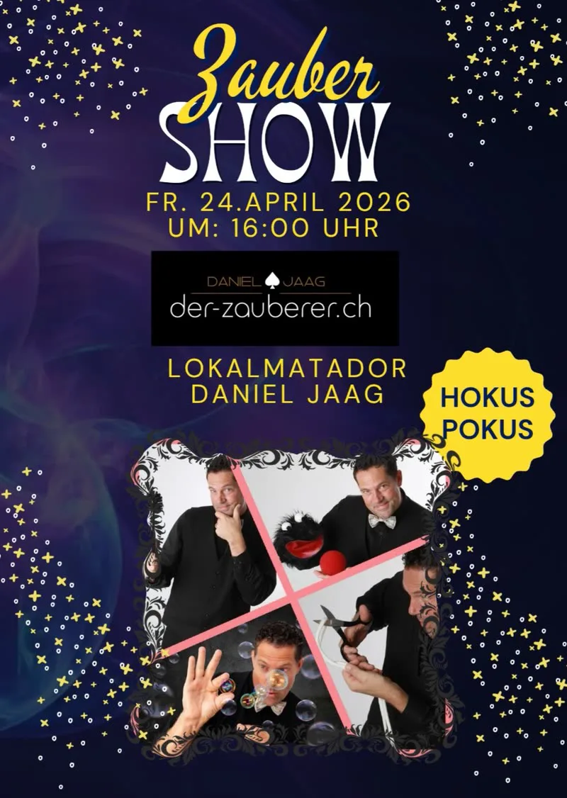 Flyer „Zaubershow“ in Dunkelblau und Gelb mit vier Aufnahmen des Zauberers Daniel Jaag.