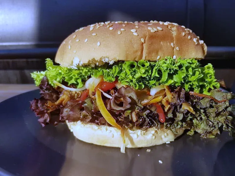 Ein angeschnittener Burger mit Salat auf einem Teller.