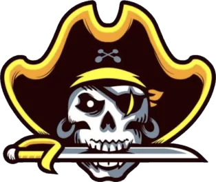 Zeichen des Pulfer-fass: ein Totenkopf mit Piratenhut und Augenklappe, darunter ein Säbel.